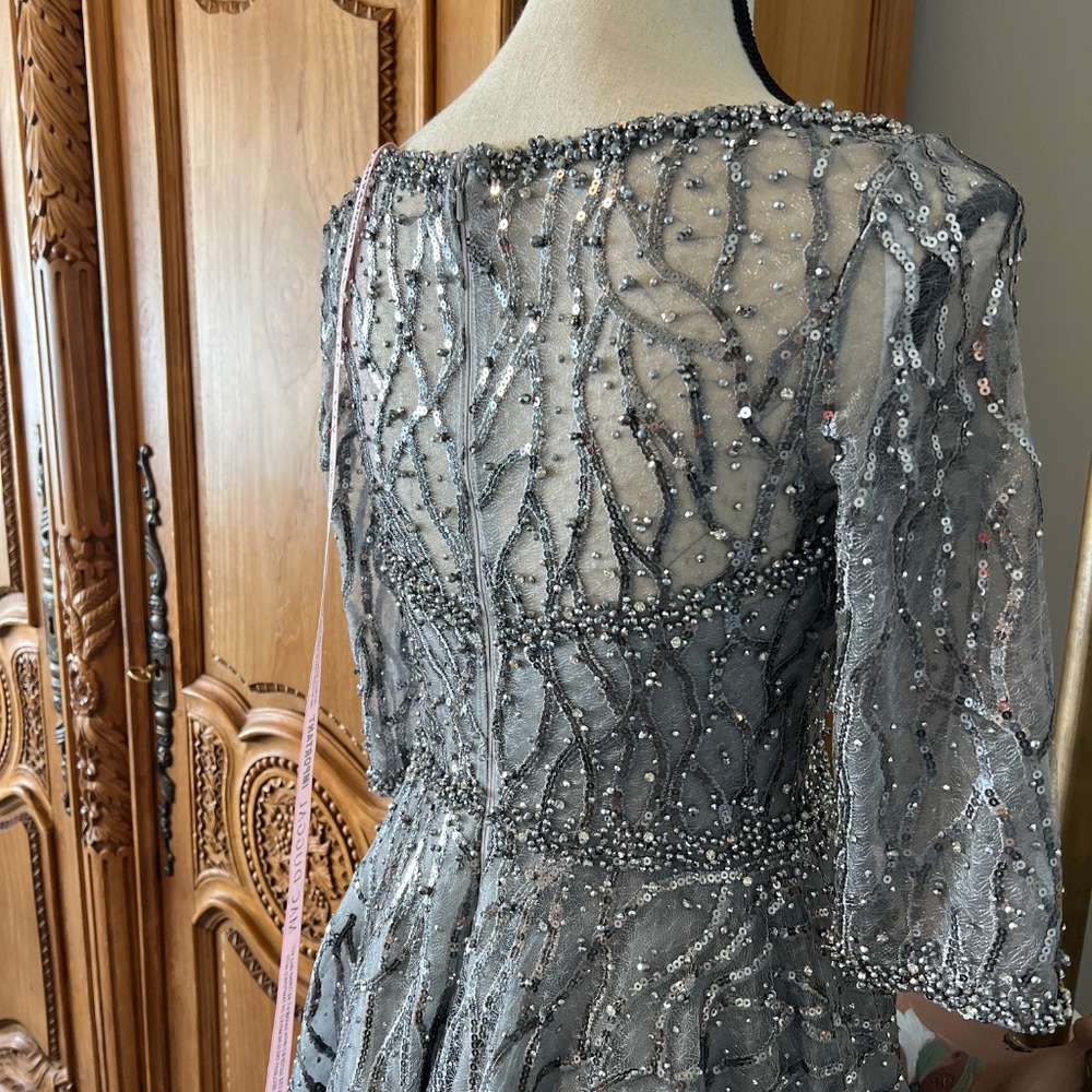NWT Mac Duggal [2] 20252 Embellished A-Line Cocktail Dress Silver Gray Sequin - Picture 9 of 13